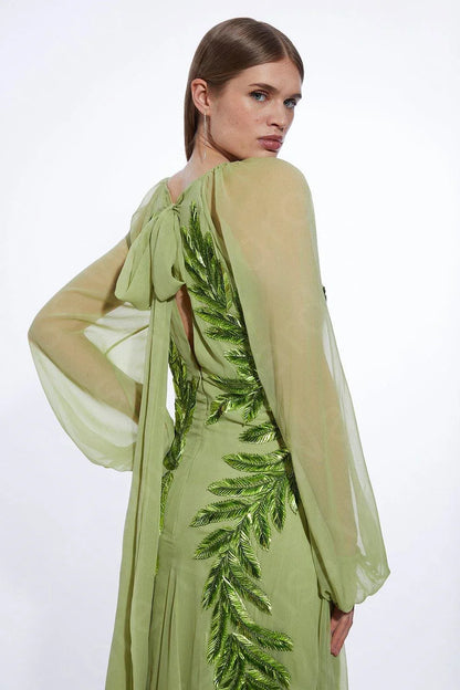 Customized Latest Sage Evening Dresses 2025 Arabic Round Neck Prom Party Gowns Puffy Long Sleeves Wedding Guest Dresses Feathers