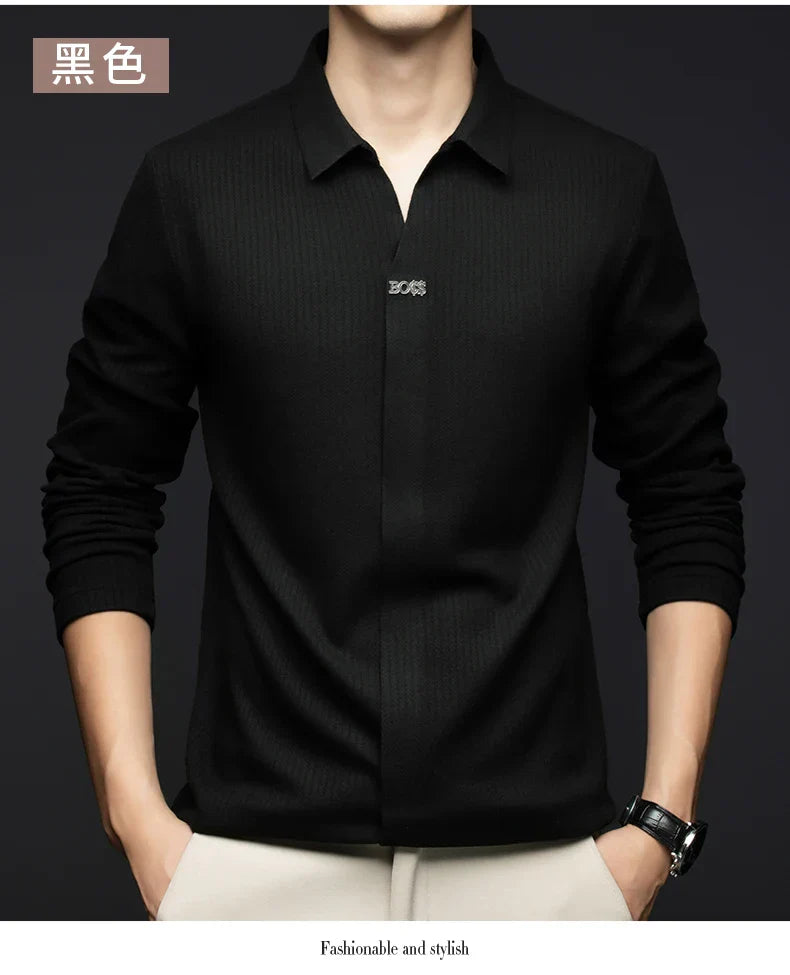 Men's Business Casual Solid Color Stretch V-neck POLO Shirt Daily Commute Striped Sweater for Fall 2024.