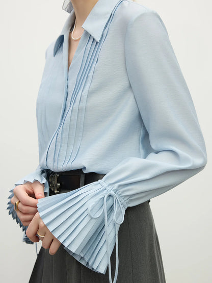 Blue Shirt For Women Spring 2025 New Design French Style Pleated Long Sleeve Chic Shirt Versatile Casual Top 25FS11150