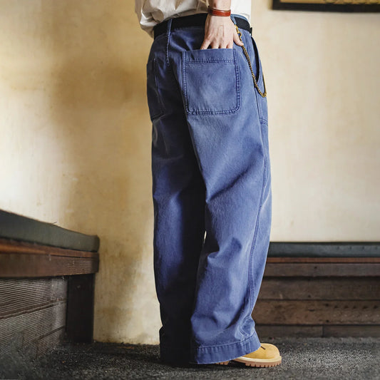 Men‘s Vintage Washed Denim Jeans Blue Cotton Canvas Workwear Zipper Pants Loose Fit Casual Trousers for Spring and Autum