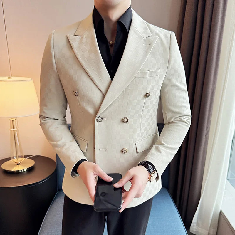 6 Color Luxury Double Breasted Blazers Coats 2024 New Fashion Checkered Business Slim Fit Social   Formal Suit Jacket 5XL-M