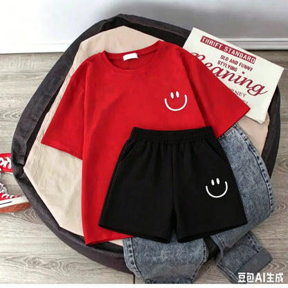 2026 New Summer Smiling Face Print Kids T-shirt Set Short-sleeved Pure Cotton Loose Basic Versatile Cool Simple Kids Outfit Tops