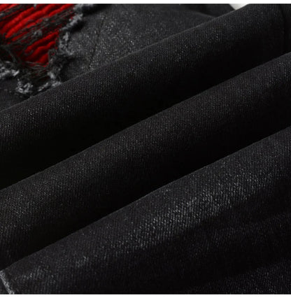 Men's Cracked Red Pleated Patch Biker Jeans Streetwear Patchwork Stretch Denim Pants Skinny Tapered Black Trousers