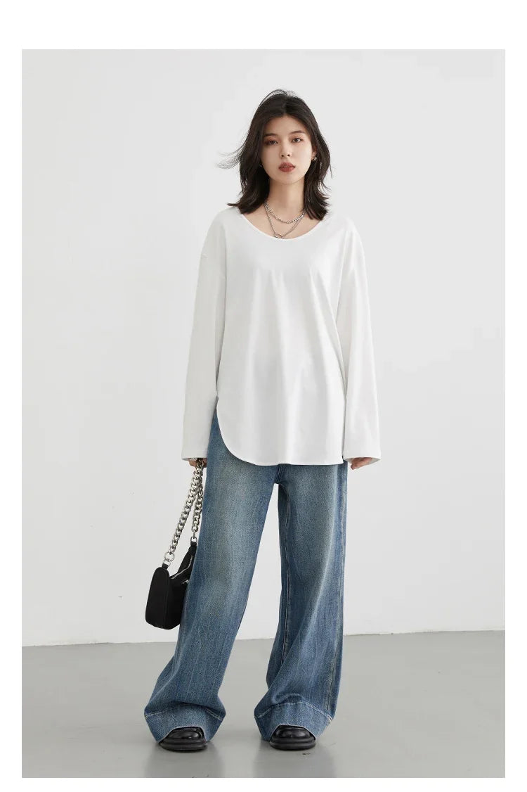 Women T-Shirts Loose Casual U-Neck Long Sleeve Female Tees Split Bottom Woman Top Ladies Clothing Autumn Spring 2023