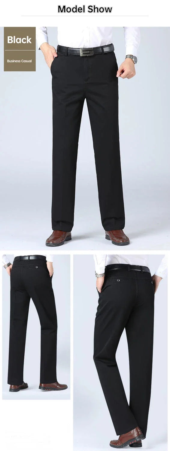 Men's Office Business 100% Cotton Pants Summer Thin & Autumn Thick High Waist Straight Loose Solid Bland Suit Slacks GOZBKF