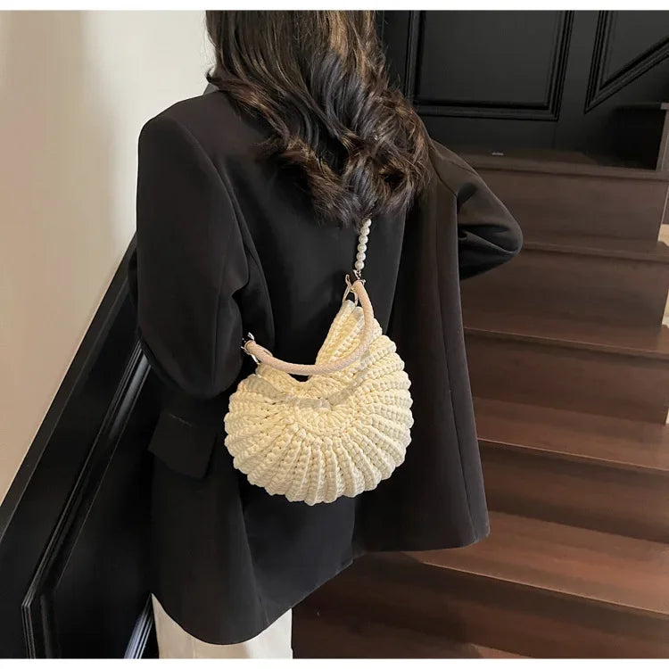 Fashion Conch Shaped Crochet Women Shoulde Bags Funny Cute Pearls Chains Handmade Weave Crossbody Bag Novelty Small Handbags