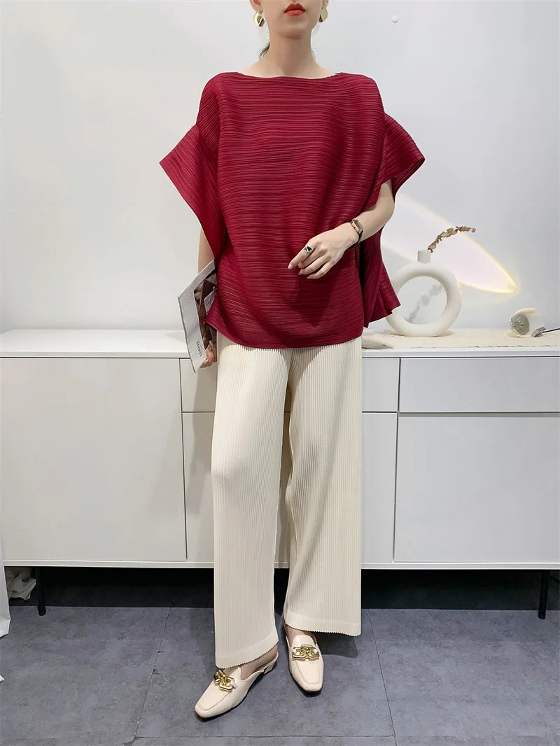 2025 Summer T-shirt Miyake Comfortable Casual Loose Pleated Top Women Short Sleeve Slim Commuter Office Clothes Wrinkle-Free