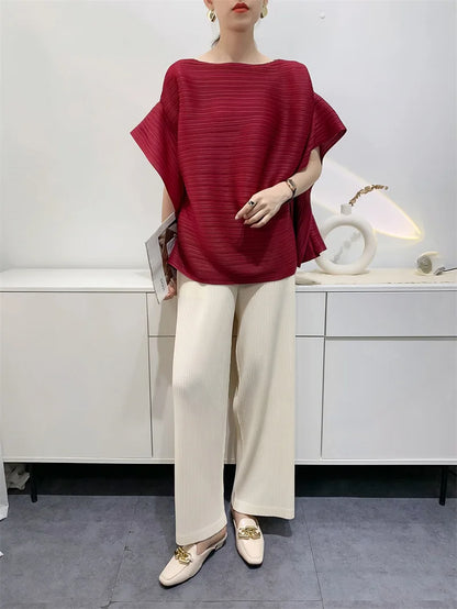 2025 Summer T-shirt Miyake Comfortable Casual Loose Pleated Top Women Short Sleeve Slim Commuter Office Clothes Wrinkle-Free