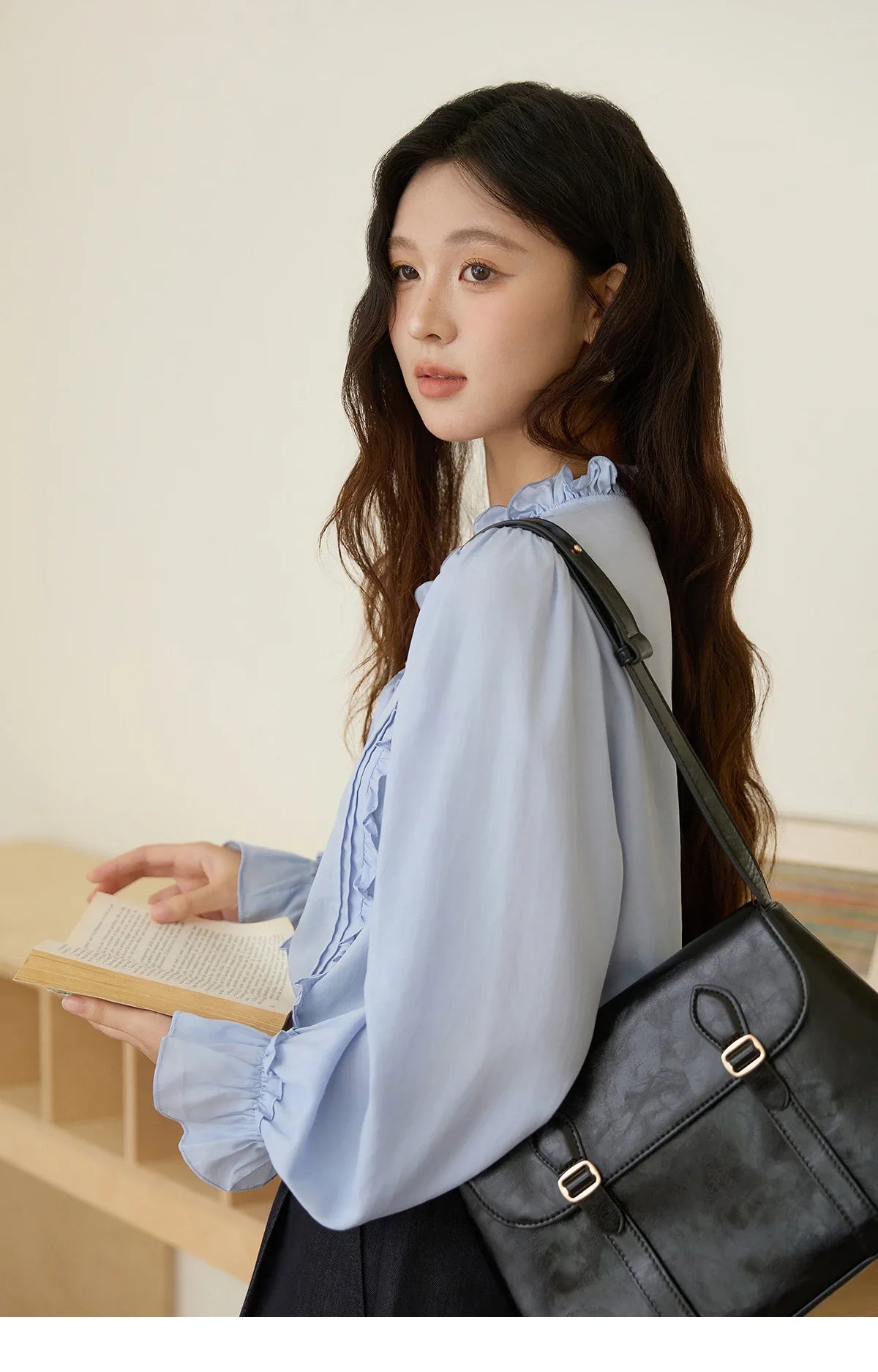 100% Lyocell Women's Blue Shirt 2025 Autumn French Ruffles Long Sleeves Ties Blouse Office Lady Elegant Top MXE45X2484