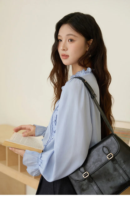 100% Lyocell Women's Blue Shirt 2025 Autumn French Ruffles Long Sleeves Ties Blouse Office Lady Elegant Top MXE45X2484