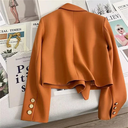 High-Quality Double Breasted Crop Blazer Women Korean Solid Long Sleeve Suit Coat Office Ladies Elegant Short Jacket Female Coat