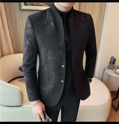 Men's New Chinese Stand Collar Blazer Jacket 2025 Fashion Elegant Printed Slim Fit Business Suits Jacket Tailcoat Men Clothing