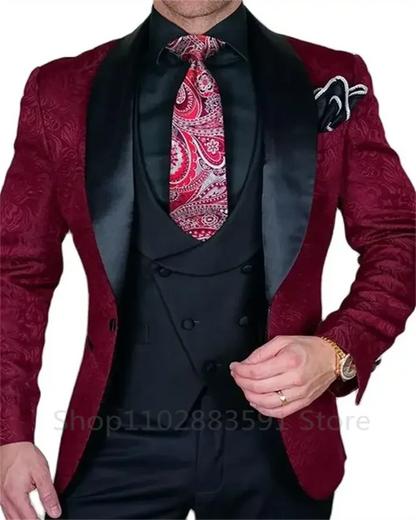 3 Pieces Black Jacquard Wedding  Party Tuxedo For Groom Wedding Shawl Lapel Slim Fit Mens Suits Male Waistcoat Vest Pants