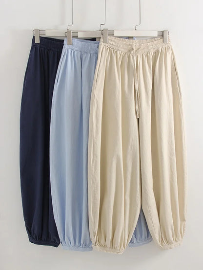 Summer Cotton Oversized Pants For Women Blue Baggy Aladdin Trousers Elastic Bloomers Navy Blue Cropped Lantern Harem Pants Woman