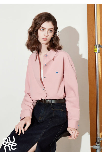 Women Blouse Shirt 2025 Spring New Love Embroidered Simple and Versatile Solid Color Pure Cotton Shirt Tops
