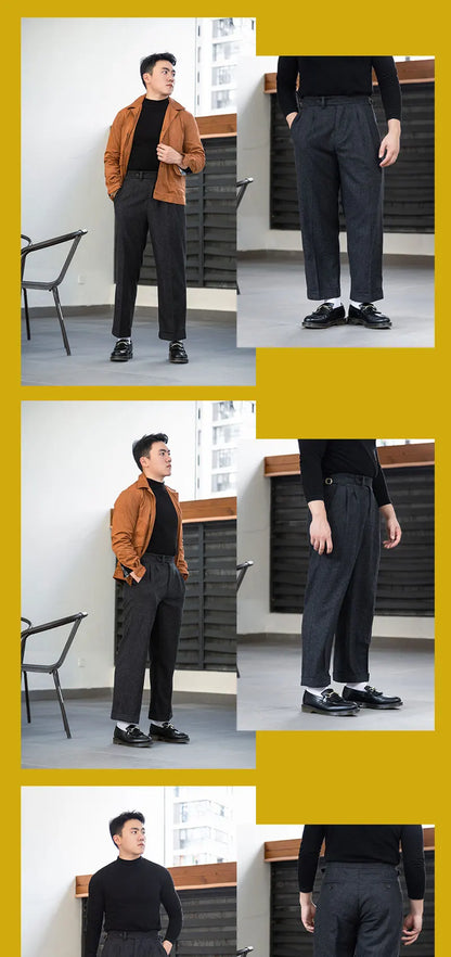 Dark Gray Cashmere Fabric Asymmetric Parisian Button Loose Straight-Leg Casual Pants Men's Trousers Retro Style Versatile