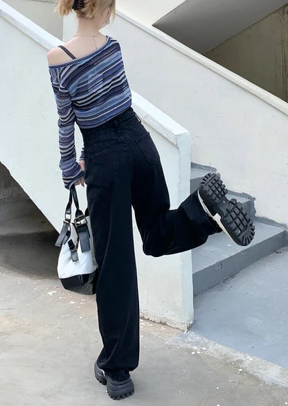 Hight Waist Denim Pant Women Jeans Vintage Straight Trousers Jeans Autumn Spring Fashion Female Black Casual Wide Leg Pants
