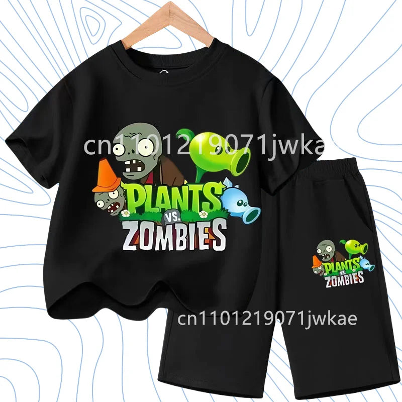 Children's Plants Vs. Zombies Short-Sleeved T-Shirt Set Cotton Summer Fashion Comfortable Top+pants for Boys and Girls