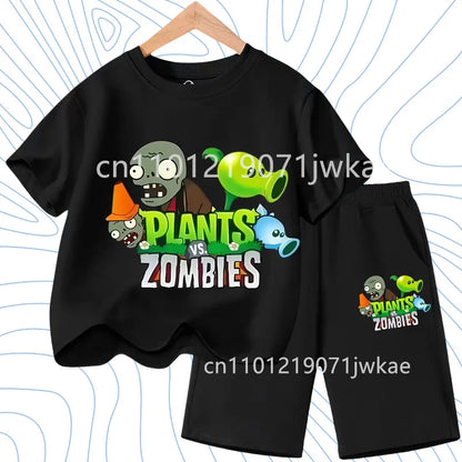 Children's Plants Vs. Zombies Short-Sleeved T-Shirt Set Cotton Summer Fashion Comfortable Top+pants for Boys and Girls