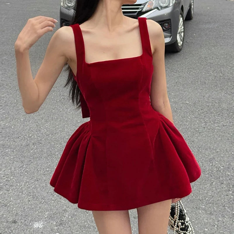 Fashion Red Bowknot Mini Dress Straps Square Collar Sleeveless Backless Vintage Cute Ladies Slim Party Short A-line Dresses