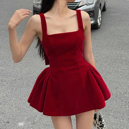 Fashion Red Bowknot Mini Dress Straps Square Collar Sleeveless Backless Vintage Cute Ladies Slim Party Short A-line Dresses
