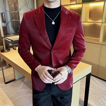 New High Quality Crocodile Stripe Slim Fit Leather Jacket Classic Business Casual Slim Fit Men Blazer Tuxedos Men Clothing 4XL-M
