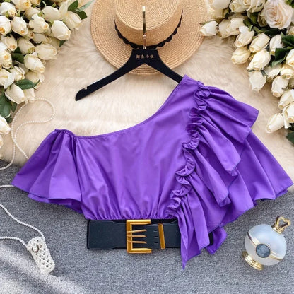 American Chic Blouse for Women Flounced Edge Skew Collar Bare Midriff Belt Skinny Shirts Summer Casual Female Tops Dropshipping