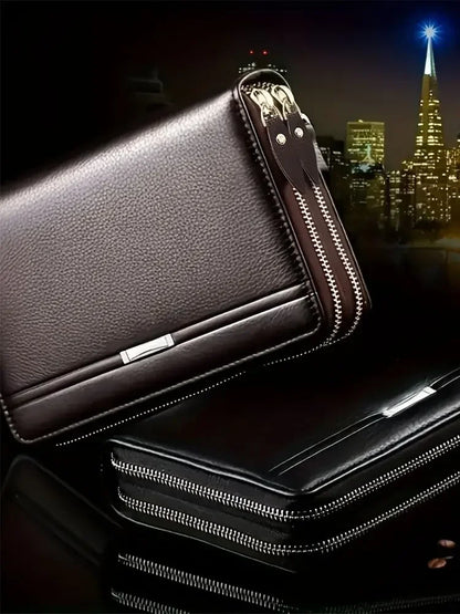 Men's Large Capacity Long Zipper Wallet Synthetic Leather Clutch Business Handbag with Phone Card Holder Case Gift for Him