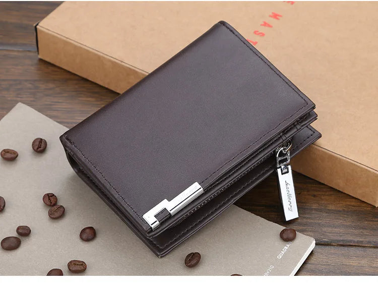 Men's Short Wallet Card Clips Zipper Slim Blocking Multi-Card Slots PU Leather Large Capacity Wallets for Men