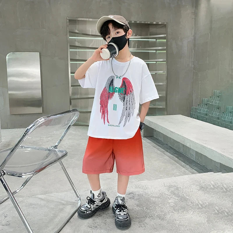 New Kids Boy Summer Clothing Set Cotton T-shirt With Wings Print + Shorts 2 Pieces Tracksuit Outfit for Child Suit Wear 5-14 T