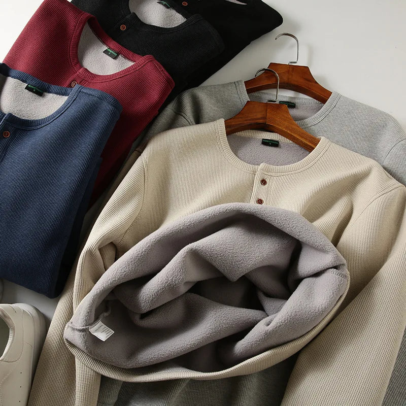 Men's Fleece - Lined Thickened Long - Sleeved Henley Neck Waffle Knit T - Shirt