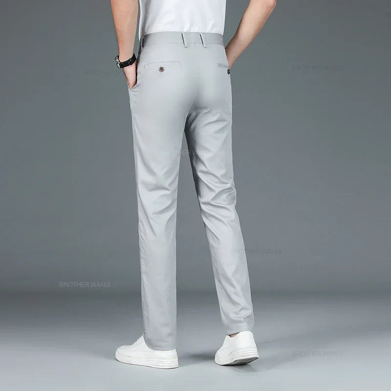 Bamboo Fiber Fabric Men's Casual Pants Summer New Ultra-thin Elastic Soft Straight Business Trousers Classic Black Khaki Gray