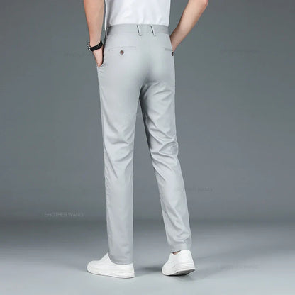 Bamboo Fiber Fabric Men's Casual Pants Summer New Ultra-thin Elastic Soft Straight Business Trousers Classic Black Khaki Gray