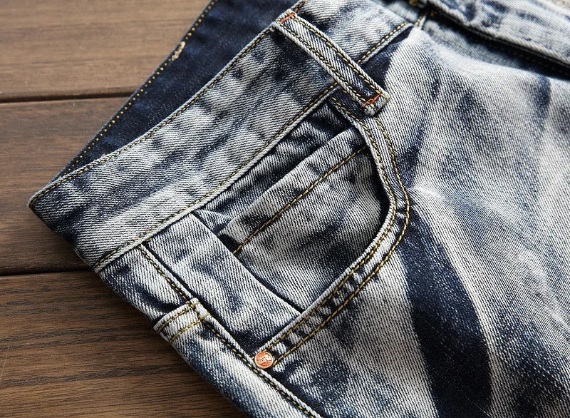 2026 Men's Fashion Vintage Jeans Slim Straight Leg Tie Dye Pleated Biker Denim Pants Male Casual Pants Oversized 42 High Quality