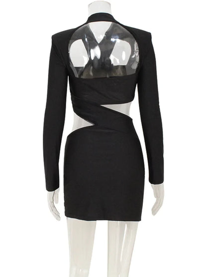 Sexy Club Women's Mini Dresses Solid Hollow Out V-Neck Regular Long Sleeves Sheath Bodycon Slim Fit Streetwear Vestidos