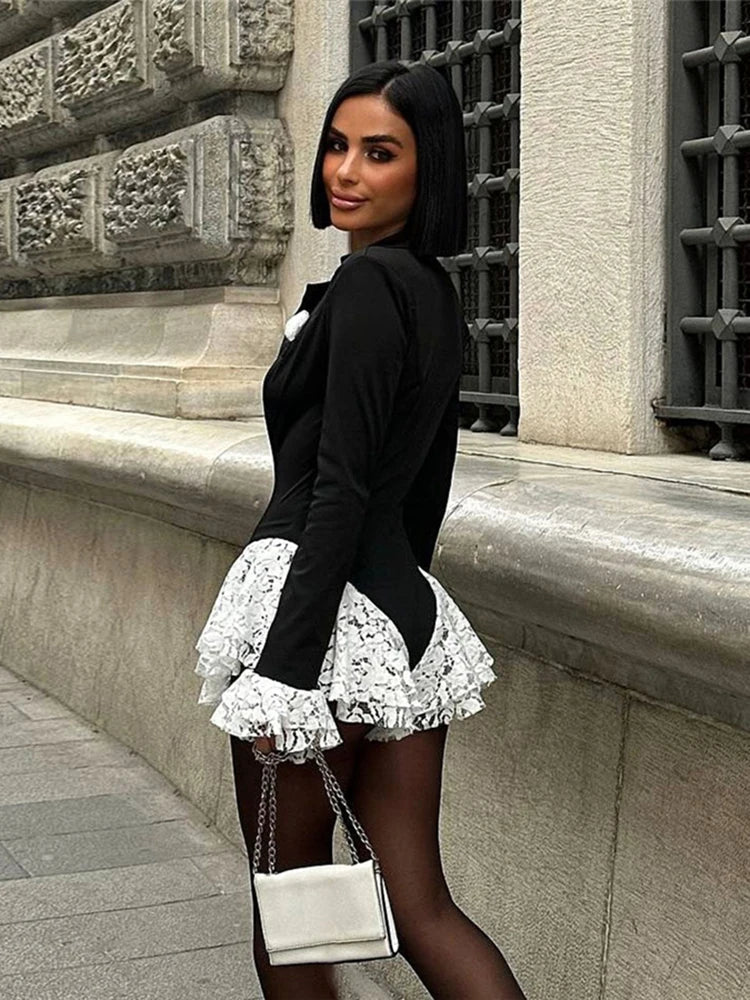 Sexy Ruffle Bodysuit Women Jacquard Deep V-Neck Lapel Tierred Patchwork Full Sleeve Elegant Stretch Skinny Clubwear