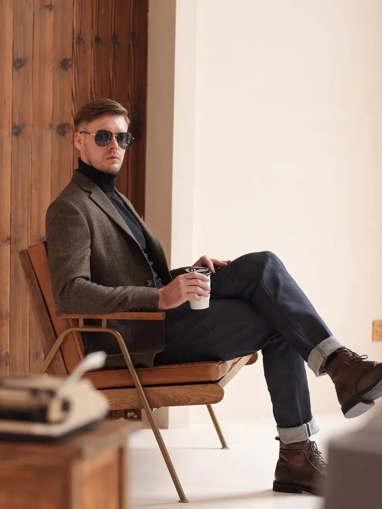 Autumn and Winter Thickeneded Retro Coarse Woolen Suit Business Casual British Style Herringbone Pattern Suit Jacket for Men