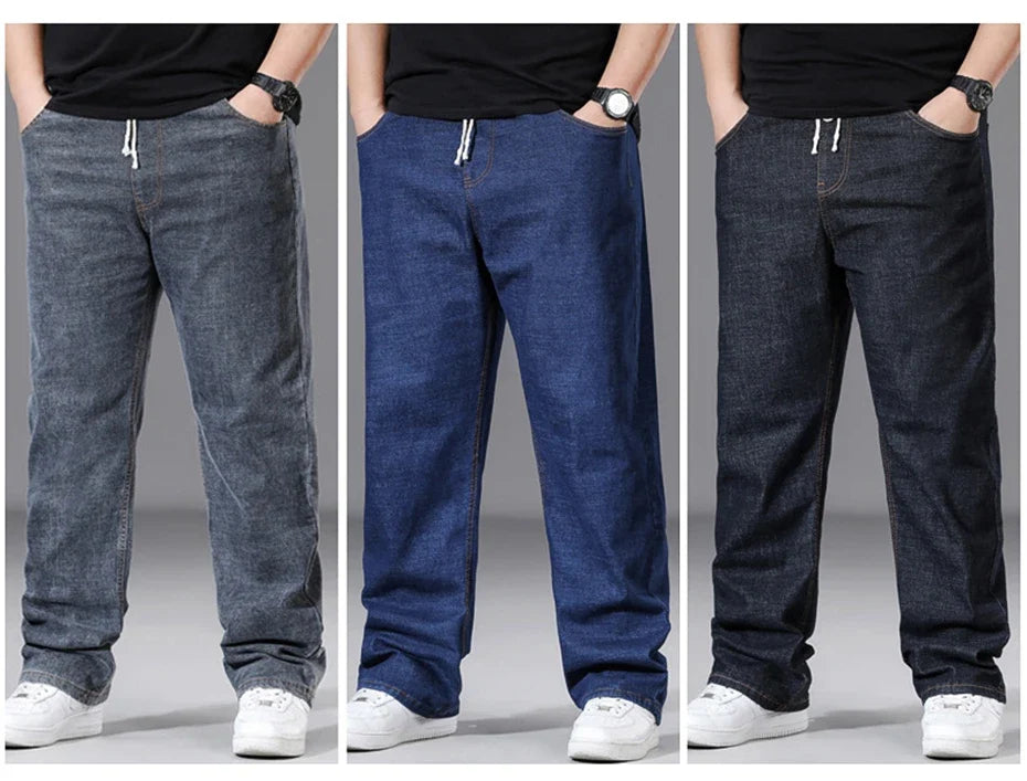 8XL Plus Size Jeans Men Solid Color Denim Pants Male Fashion Casual Baggy Jeans Elastic Waist Straight Pants
