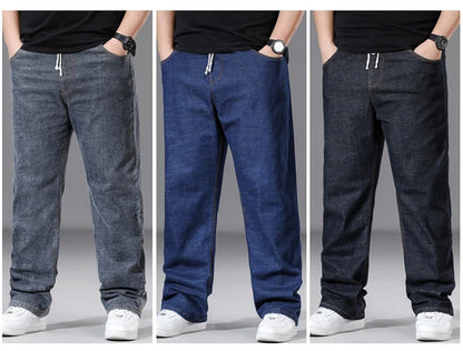 8XL Plus Size Jeans Men Solid Color Denim Pants Male Fashion Casual Baggy Jeans Elastic Waist Straight Pants