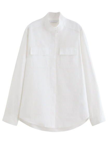 2026 Spring Women's Relaxed Fit Stand Collar Shirt Soft Touch Oversized Blouse White Blue Healing Commute Minimalist Style