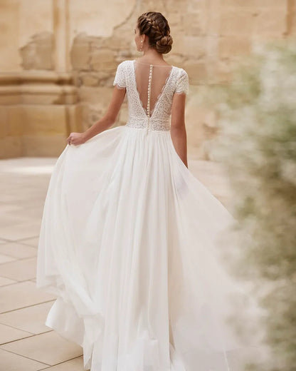 Customized Charming Lace Wedding Dresses Beach Bridal Gowns Boho Thigh Slit Bride Dresses Summer Wedding Gowns Short Sleeves