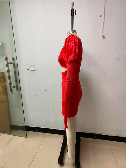 2024 New Fashion Red White Women Gloves Sexy Bodycon Mini Draped Dress Nightclub Party Bar Singer Birthday Celebrate Dress