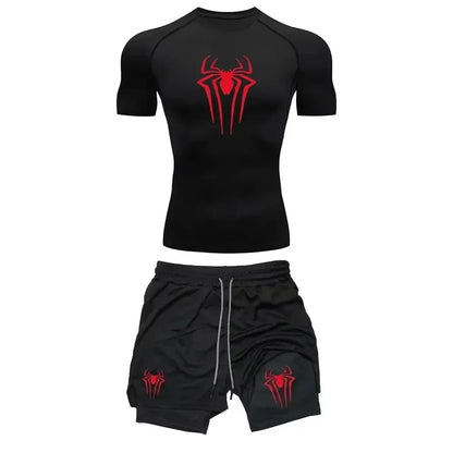 Men's Workout Compression Set Y2K Spider Printed Gym Tshirts Breathable Running Shorts Quick Dry Sports Rash Guard Sportwear Set
