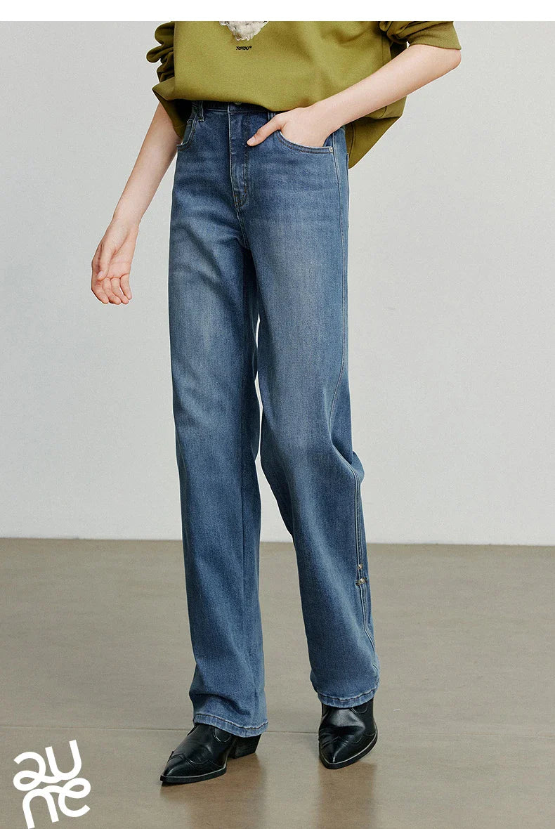 Women Denim Jeans 2025 Autumn New Lyocell Rolling Up Hem Elastic and Simple Straight Leg Ankle Length Pants