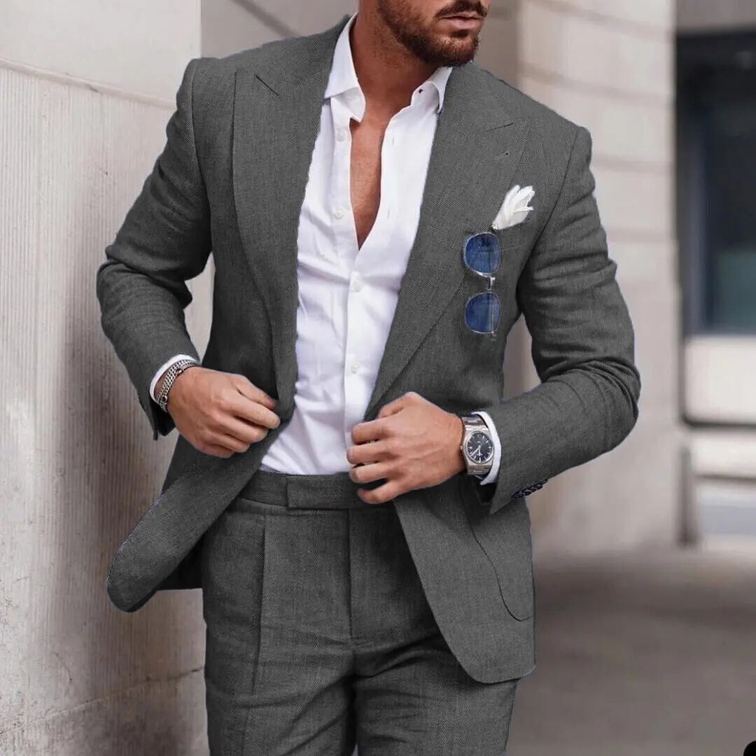 Men's 2 Piece Linen Suit Slim Fit Notch Lapel Casual Blazer Jacket & Trousers Business Wedding Party Formal Dress Set for Men