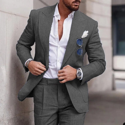 Men's 2 Piece Linen Suit Slim Fit Notch Lapel Casual Blazer Jacket & Trousers Business Wedding Party Formal Dress Set for Men