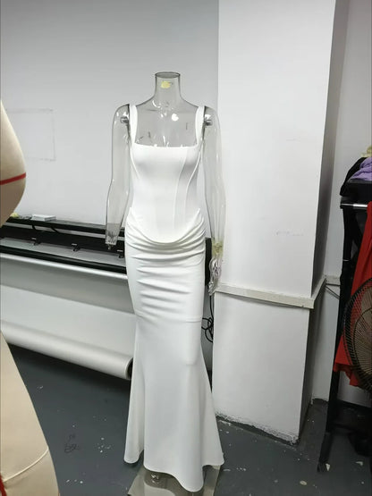 White Women's Maxi Dress Elegat Lace Up Dress Slim Formal Wedding Guest Party Dress