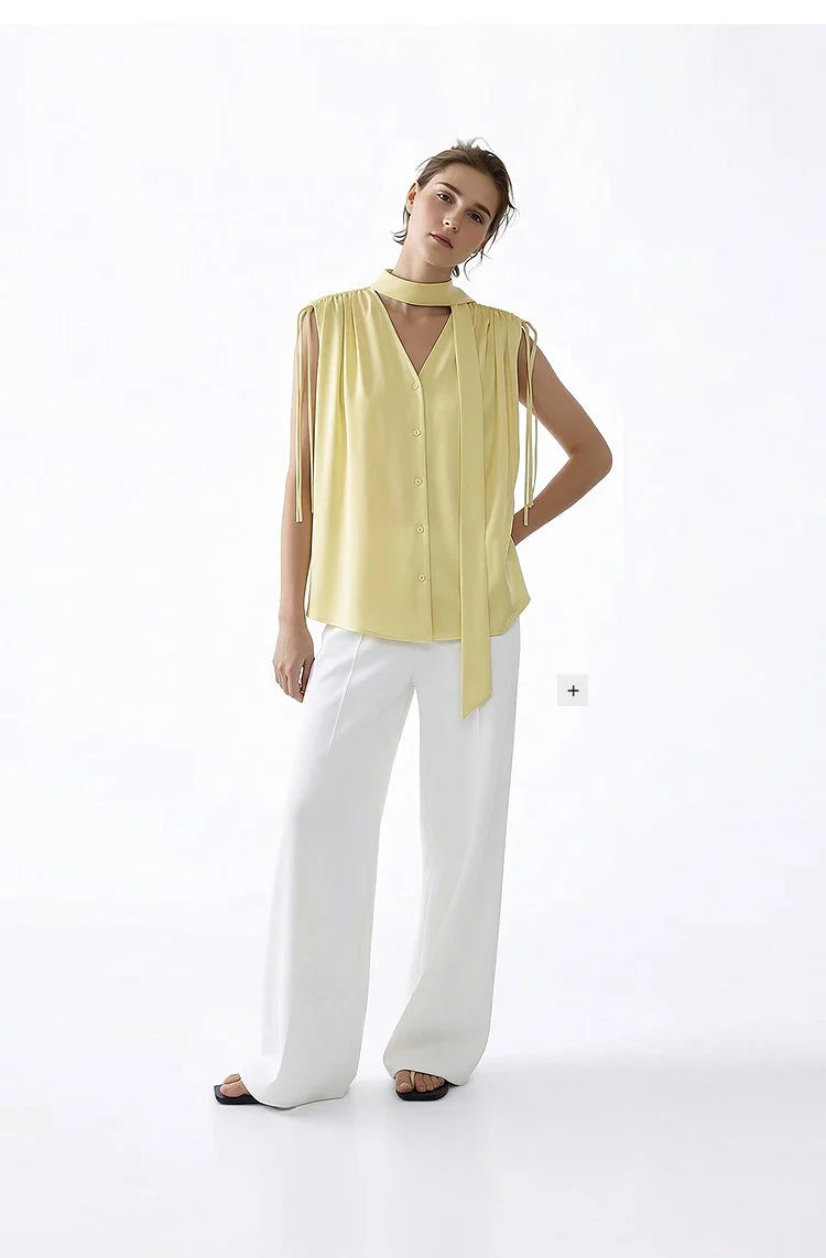 Sleeveless Women's Blouse 2026 Summer New Tie Neck Chiffon Top Flowy Loose Elegant Chic Office Shirt For Women 12642121