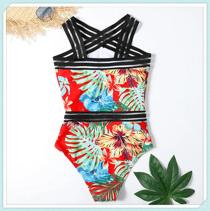 Solid Mesh Tape Swimsuit 2026 One Piece Sexy High Neck Swimwear Women Cross Front Bathing Suit Female Padded Beachwear Bodysuit