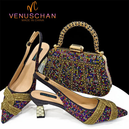 Black Hollow Design With Pointed Shoes And Fashion Three-Dimensional Bag Cozy Rhinestones Are Suitable For Parties